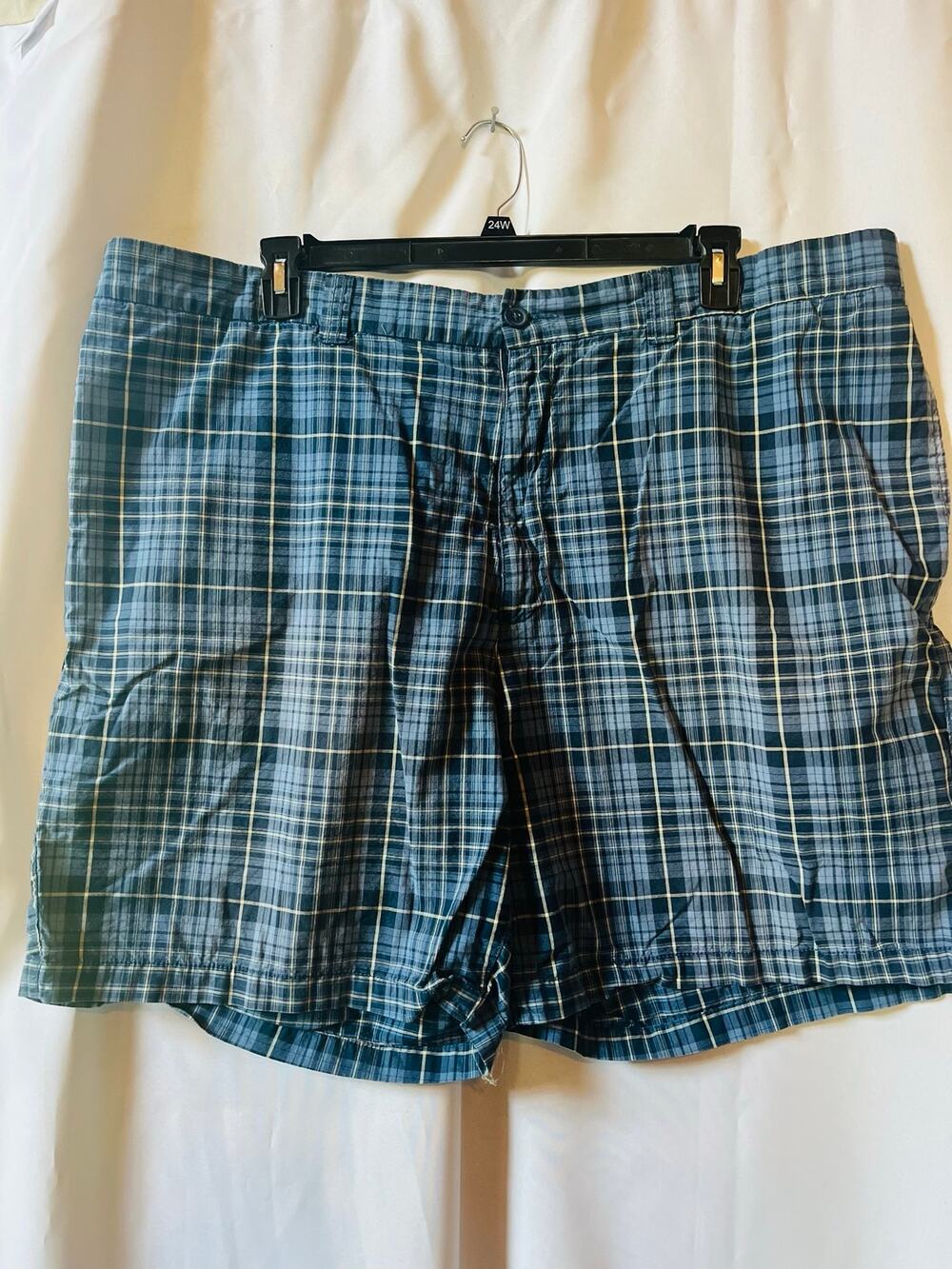 Oak Hill Men's Chino Shorts Size 46 R Blue Plaid 100% Cotton Flat Front